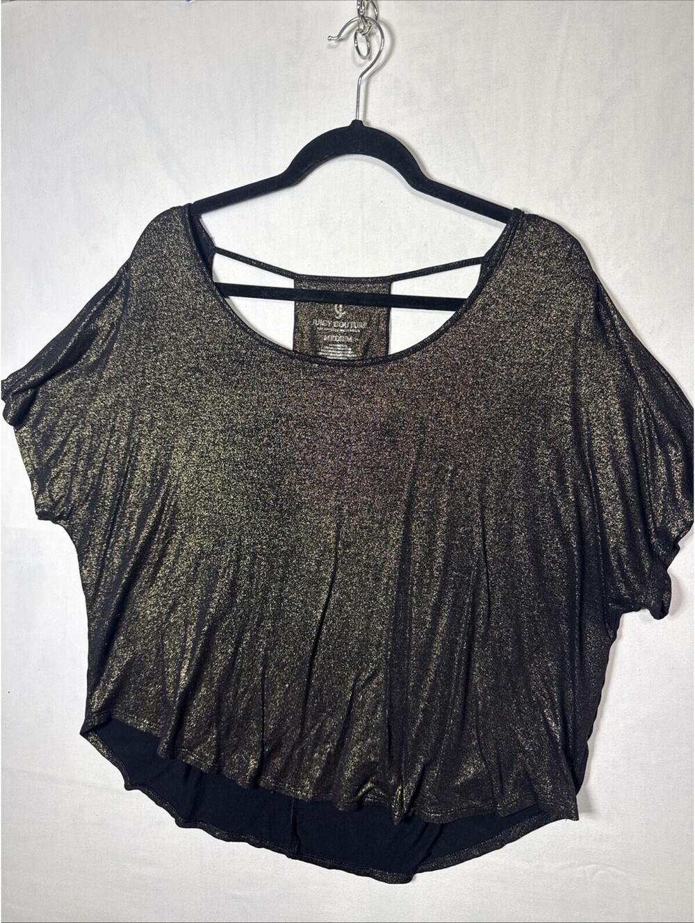 Juicy Couture Womens Medium Metallic Gold Black Shimmer Dolman Top Strappy